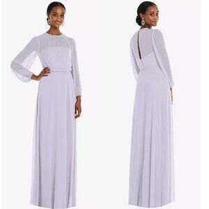 Dessy Chiffon Maxi Dress Puff Sleeve Blouson Overlay Silver Dove Sz 2 New Flawed